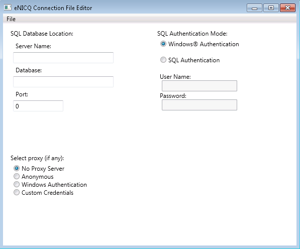 eNICQ 6 Connection File Editor,SQL Database Location,Server Name,Database,Port,SQL Authentication Mode,Proxy server