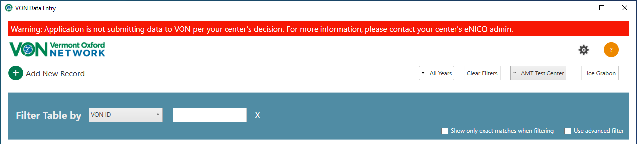 Red bar across top of eNICQ, Warning: Application is not submitting data to VON per your center's decision. For more information please contact your center's eNICQ admin