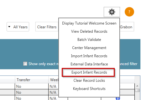 eNICQ 6 menu,Export Infant Records