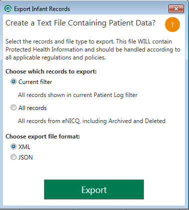 eNICQ 6,Export Infant Records popup,Choose which records to export,Choose export file format,Export button at bottom