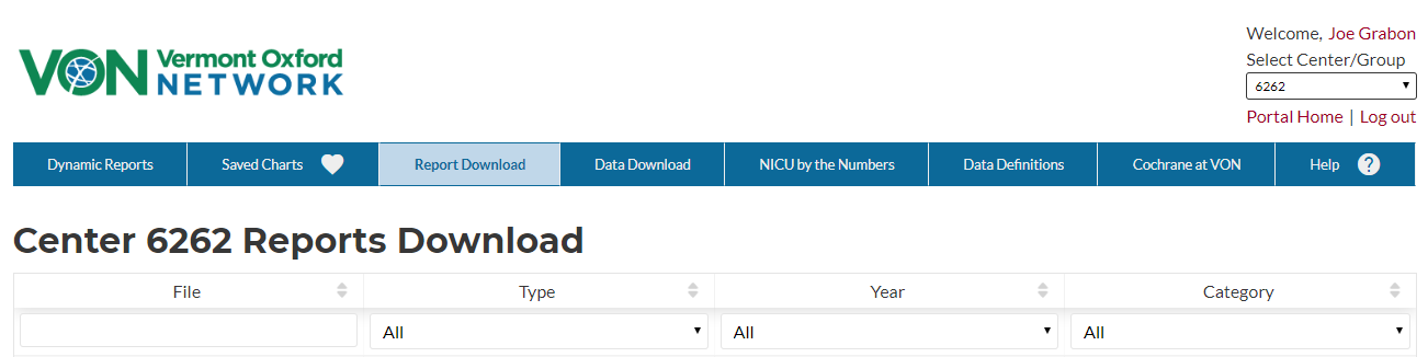 VON Member Portal website, downloaded report