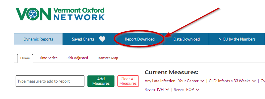 VON Member Portal website, report download button in navigation bar