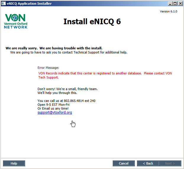 eNICQ 6 installation error,center is registered to another database
