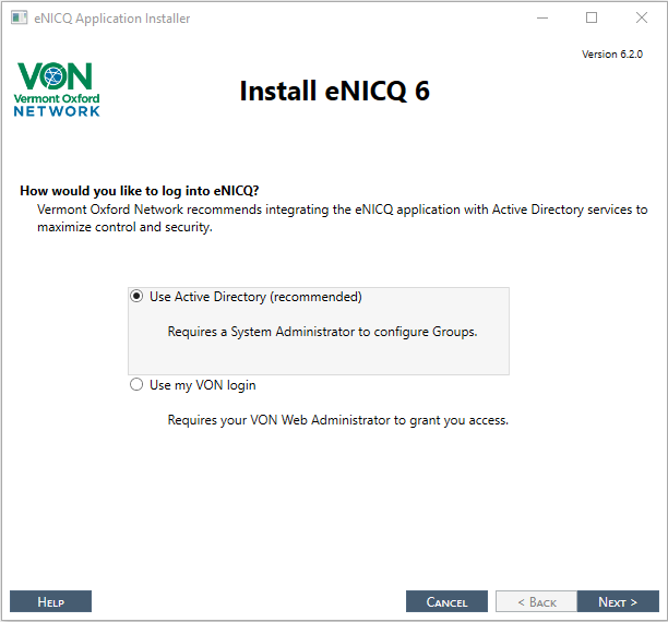 eNICQ 6 installer,third page,how would you like to log into eNICQ?,Use Active Directory or Use my VON login