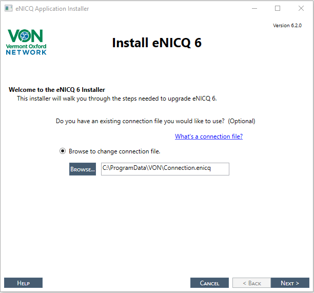 eNICQ 6.2 installer,first screen,Browse to change connection file