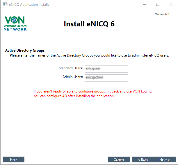 eNICQ 6.2 installer,Active Directory Groups