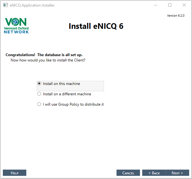 eNICQ 6.2 installer,Congratulations! The database is all set up,How would you like to install the Client