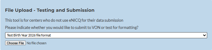 Website, VON Member Portal, Data Management section, Electronic File Submission tab selected, test birth year selected for testing
