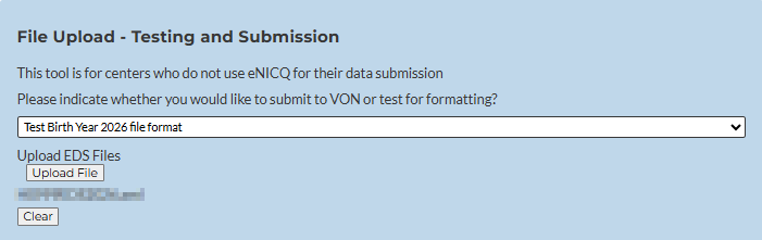 Website, VON Member Portal, Data Management section, Electronic File Submission tab selected, test birth year selected for testing, file selected 