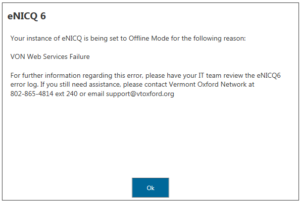 eNICQ 6 error,popup,Offline Mode