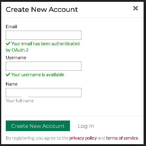 Webpage, Vermont Oxford Network Create New Account form