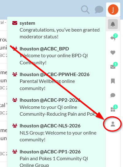 Website, Discourse, VON Community Forum, Notifications and Account menu open, Profile button circled