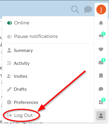 Website, VON Community Forum, Profile menu, Log Out option at the bottom of the menu