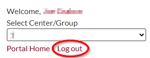 Website, VON Portal, Center/Group selector, Log out underneath is circled