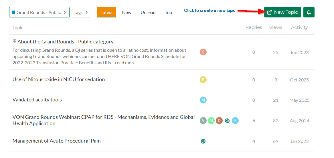 Webpage, Discourse, VON Community Forum, New Topic button in the top right