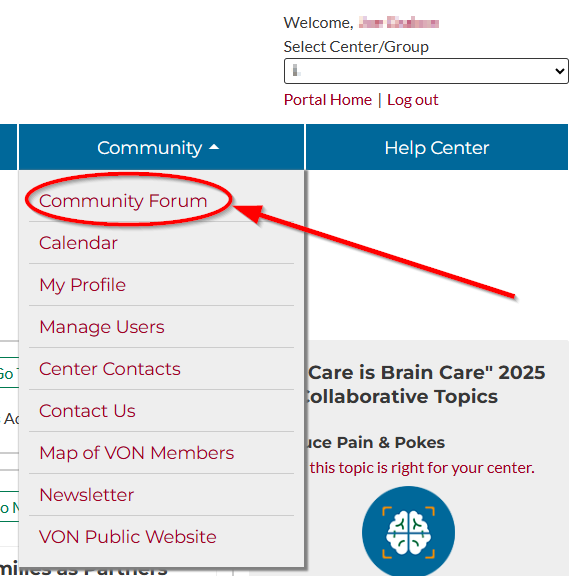 Website, Vermont Oxford Network member portal, Community navigation menu open, Community Forum in the menu is circled