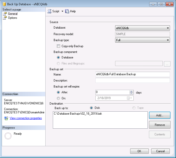 SQL Server Management Studio backup destination